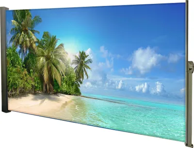 A retractable side awning with a tropical beach scene printed on it.