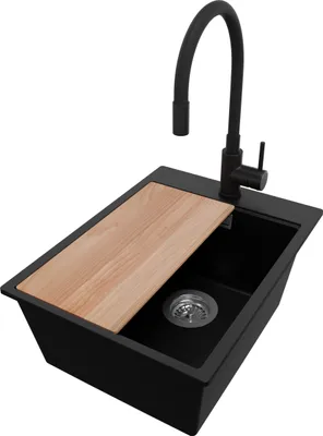 Produktbild von PRIMAGRAN Granitspüle Schwarz 38x50cm, Spülbecken 1 Becken + Küchenarmatur 40x38cm + Ablauf-Set + Schneidebrett, Küchenspüle ab 40er Unterschrank - Oslo