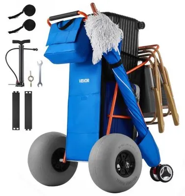 Produktbild von VEVOR Strandwagen mit Ballonreifen (12 Zoll), Faltbarer Strandtrolley mit Isoliertasche & Schirmhalter, Handwagen (75 kg Belastbar) für bis zu 4 Strandstühle, Strandkarre Ideal für Camping und Angeln