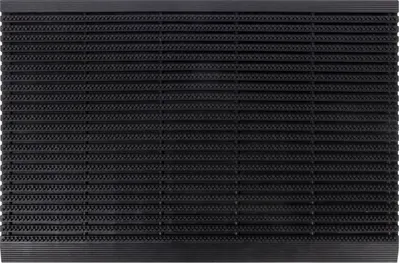 A black rubber doormat with a ribbed texture and a raised edge.
