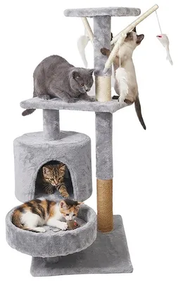 Produktbild von Kratzbaum für Katzen 88 cm mit 4 Ebenen, Spielzeug und gemütlichem Häuschen, grau