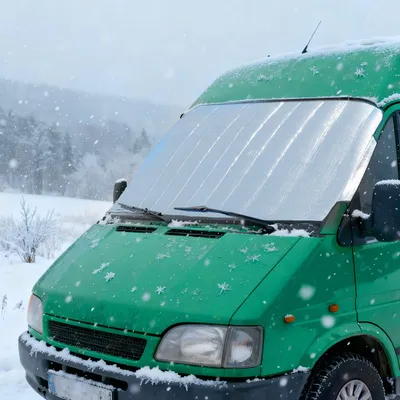 A green van parked in a snowy landscape with a reflective sunshade on the windshield.
