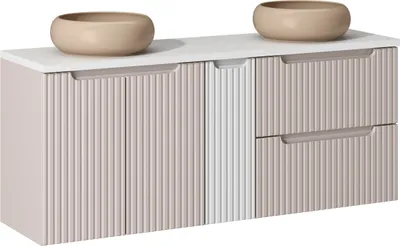 Produktbild von Moderner Badezimmerschrank 140 Cm Mit Arbeitsplatte Und 2 Beigen Waschbecken