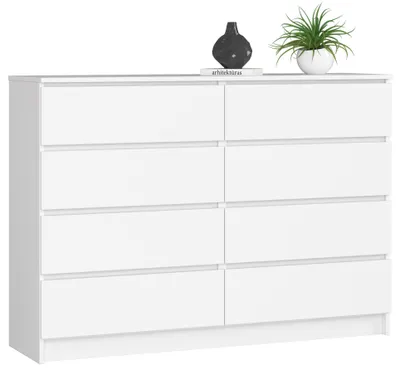 Obrázok produktu pre Biela komoda 140 cm široká s 8 zásuvkami, do spálne a obývačky, univerzálna do predsiene a detskej izby
