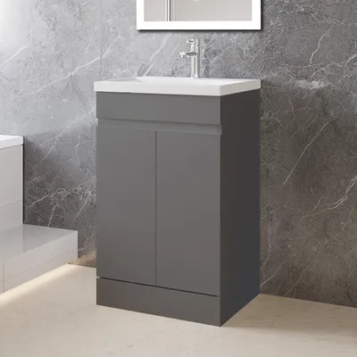 Produktbild von 50cm Badmöbel-Set Standschrank Keramik waschtisch mit Unterschrank Badezimmerschrank mit Tür soft-close Anthrazit Matt Selbstmontierter