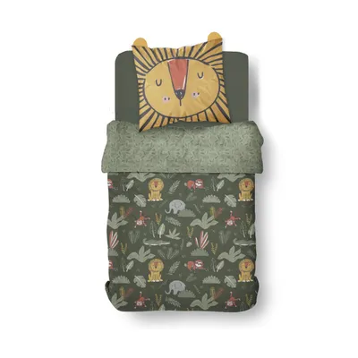 Produktbild von Kinder Bettwäsche Set 135x200 80x80 cm Dschungel Löwe Bettwäsche mit Ohren, 2 teilig, Renforcé aus 100% Baumwolle mit Reißverschluss