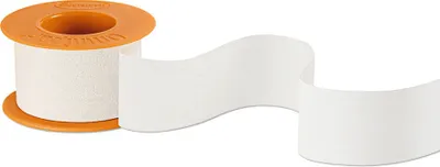 A roll of white medical tape with an orange spool, partially unrolled.