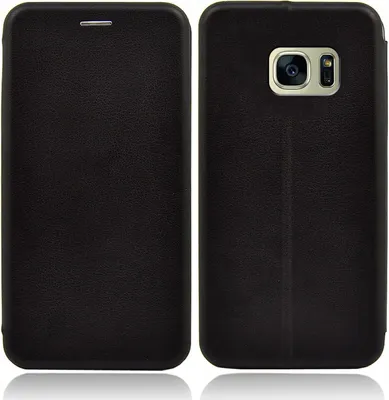 A black leather phone case shown from the front and back.