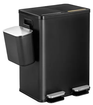 Imagen del producto de Cubo de basura para cocina, 2 x 30 L + 7 L, sistema de separación de residuos con 2 compartimentos, incluyendo un cubo de compostaje de 7 L, cubo de basura con tapa de cierre suave y pedal, cubo interior extraíble, acero inoxidable, con pegatinas, color (SW23299B)