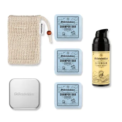 Produktbild von Störtebekker® Dusch Routine Set - 3 x festes Shampoo (Crusoe), Sisalsäckchen, Seifendose & Tagescreme - für die tägliche Pflege