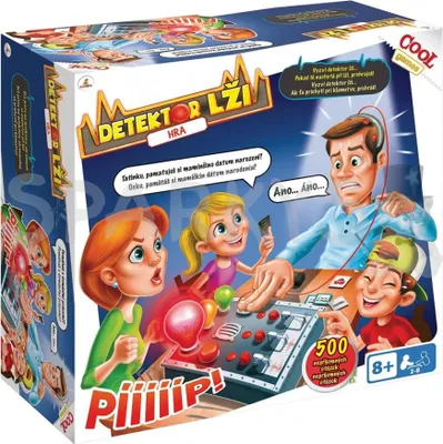 The image shows the box of a board game called 'Detektor Lzi' (Lie Detector). The box features cartoon illustrations of people playing the game, with a man hooked up to a lie detector machine and looking distressed, while children and a woman react to the