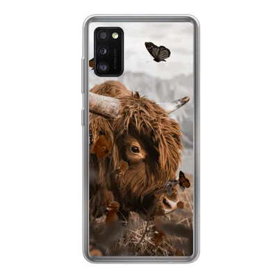 Produktbild von MuchoWow® Handyhülle Schutzhülle Hülle für Samsung Galaxy A41 Scottish Highlander - Schmetterlinge - Pflanzen Silikon Softcase Handy Hülle - Mobiltelefon