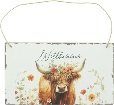 Produktbild von Schild "Stier mit Blumenkranz", Metall, Jute, Weiß, 28 x 16 cm