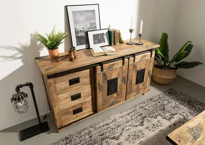 Produktbild von MASSIVMOEBEL24 Sideboard Mango 150x45x80 natur lackiert RAILWAY #100