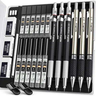 Produktbild von Druckbleistifte Set 6 Stück Metall 0,5/0,7/0,9/2 mm mit Minen & Radiergummis