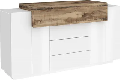 Produktbild von Kommode Dismajl, Küchen-Sideboard mit 3 Türen und 3 Schubladen, Wohnzimmer-Buffet, 100 %  Italy, cm 160x45h86, glänzend weiß und Ahorn
