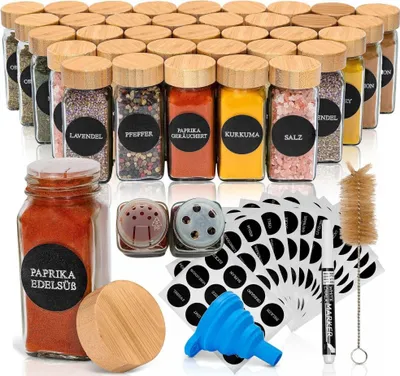 Produktbild von DECO HAUS Gewürzgläser mit bambusdeckel- 36er Set – Verschiedene Streuer-Aufsätze, Trichter, Bürste, Etiketten & Kreidestift – 120 ml, 10,5 x 4,3 cm