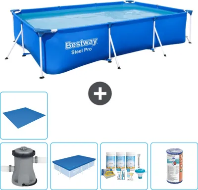 Produktbild von Bestway Rectangular Steel Pro Swimmingpool – 300 x 201 x 66 cm – Blau – inklusive Pumpe Abdeckung - Wartungspaket - Filter - Bodenplane