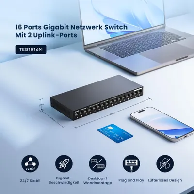 Immagine prodotto di Tenda TEG1116M 16 porte Switch Gigabit non gestito Switch LAN Switch di rete VLAN
