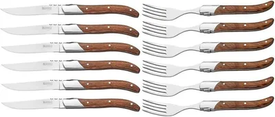 Imagen del producto de Juego de cubiertos para carne Laguiole, 12 piezas | 6 cuchillos para carne + 6 tenedores para carne | Madera de rosa | Acero inoxidable | Caja de regalo