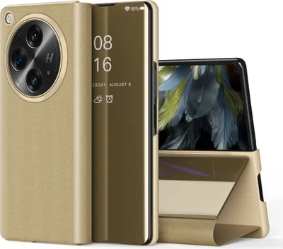 A gold flip case for a smartphone is shown, with the phone partially open to display its screen.