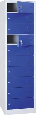 A tall, narrow cabinet with multiple blue locker doors, some open, against a white background.