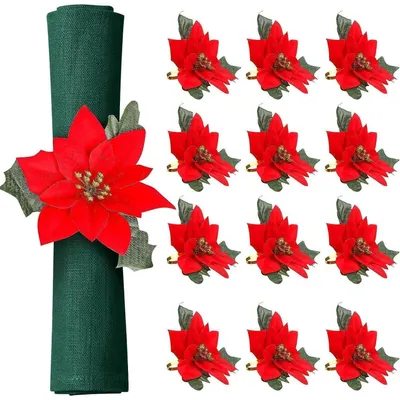 Productafbeelding van Servetringen, kerstster, 8 stuks met groene bladeren, voor tafeldecoratie, 14 cm