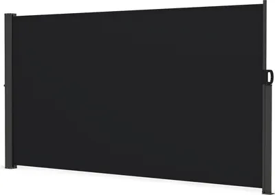 A black retractable side awning for a garden or patio.