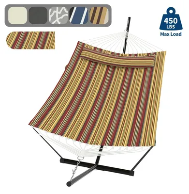 Produktbild von Doppel Hängematte mit Gestell - 2 Personen Garten Hängematte - Abnehmbares Kissen - Balance Seil - 200 kg Tragkraft - Rot-Gelb gestreift