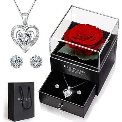 Produktbild von Schmuckset Ewige Rose mit Herz Halskette und Ohrringe aus 925 Sterlingsilber