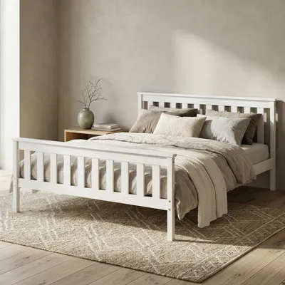 Produktbild von Home Collective Massivholzbett Einzelbett Doppelbett Kiefer Bettgestell mit Lattenrost & Kopfteil | 90x200 120x200 140x200 160x200 | Schlafzimmer Jugendzimmer Gästezimmer | 140x200 cm | Weiß