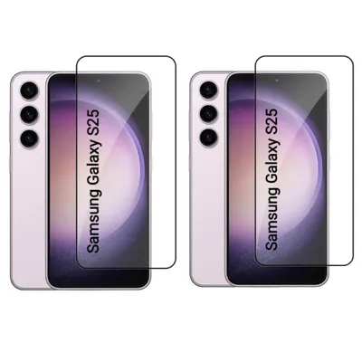 Two Samsung Galaxy S25 phones with screen protectors.