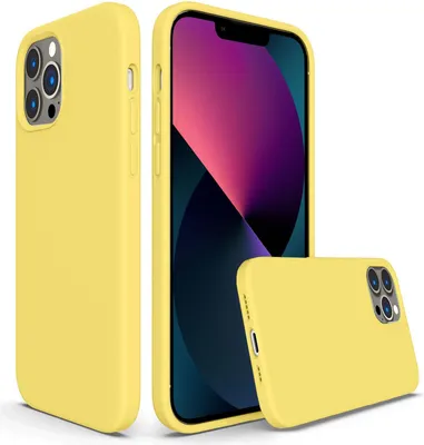 Three yellow iPhone cases are displayed against a white background. One case is shown from the side, another from the front with a phone inside, and a third from the back.