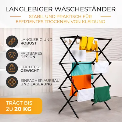 A black foldable drying rack with clothes hanging on it, set against a white and light gray background with text overlays describing its features.