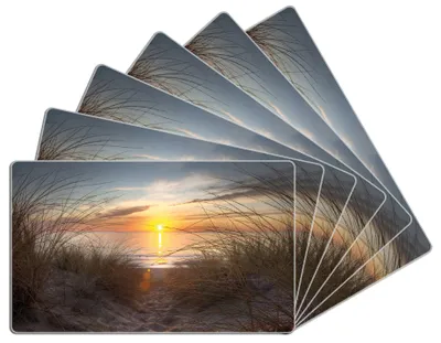 Produktbild von Wallario Frühstücksbrettchen 6er Set aus Glas, je 14 x 23 cm, mit rutschfesten Füßen, Motiv Sonnenuntergang am Strand