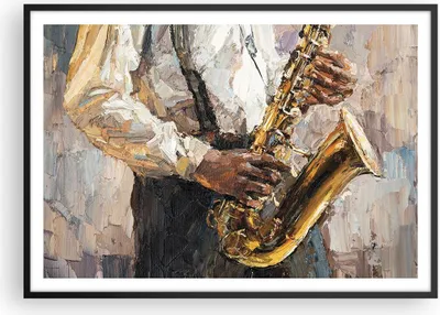Produktbild von Gerahmtes Poster - Schwarzer Rahmen - Saxophon Öl Musiker - 100x70 cm - Wand Bild - Wanddeko - Wandbilder - Kunstposter - Wandposter - Bilderrahmen - Bilder - Kunstdruck - P2BAA100x70-4808