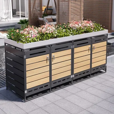 Zdjęcie produktu dla Zabudowa na 4 pojemniki na śmieci o pojemności 240 l i 120 l – zabudowa z dachem porośniętym roślinnością, metalowa, imitacja drewna, szafka na pojemniki na śmieci, kolor antracytowo-czarny, wymiary ok. 264 x 80 x 120 cm