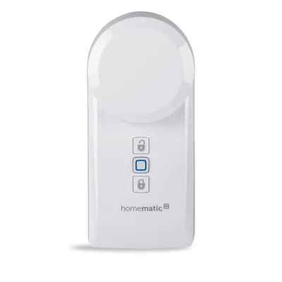 A white smart home device with lock and unlock icons.