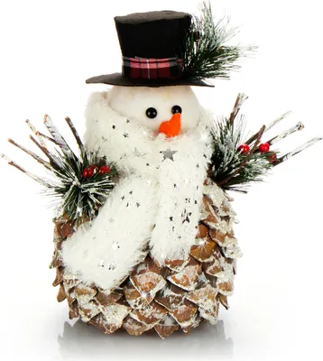 Produktbild von COM-FOUR® Schneemannfigur Größe M Premium, winterliche Dekofigur mit Tannenzapfenkörper, Handmade mit liebevollne weihnachtlichen Details, hinreißende Tischdeko für die Adventszeit