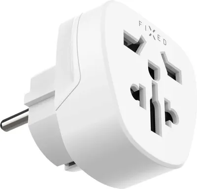 A white universal travel adapter with multiple plug sockets.