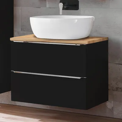 Produktbild von Badezimmer Waschtisch Set mit 50cm Keramik-Aufsatzwaschbecken TOSKANA-BLACK-56 seidenmatt anthrazit & Wotaneiche BxHxT ca. 61/74,5/46cm