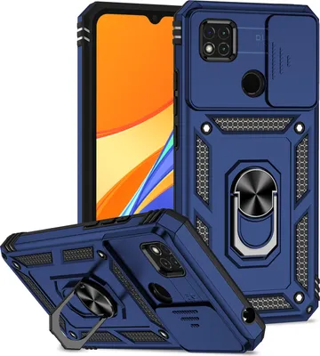Image de Etui pour Xiaomi Redmi 10A / 9C étui double couche avec cache caméra coulissant et anneau de support bleu