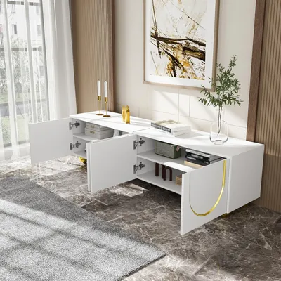 Produktbild von STILVORA TV-Schrank Sideboard TV-Lowboard mit 4 strukturierte Türen,Fernsehtisch TV-Möbel mit verstellbare Trennwände für Wohnzimmer,Lange 170cm,weiß&Gold