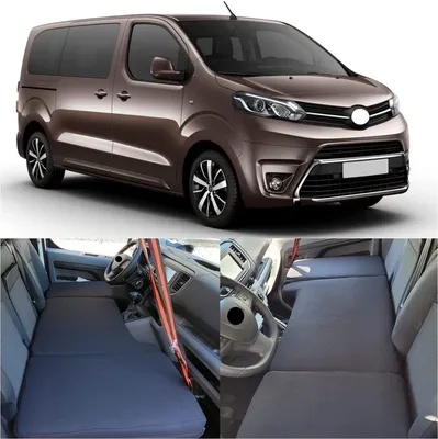 A collage showing the exterior of a brown van and the interior with a mattress laid out.