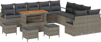 Image de Ensemble de canapés de jardin vidaXL avec coussins, 14 pièces, gris, en polyrotin
