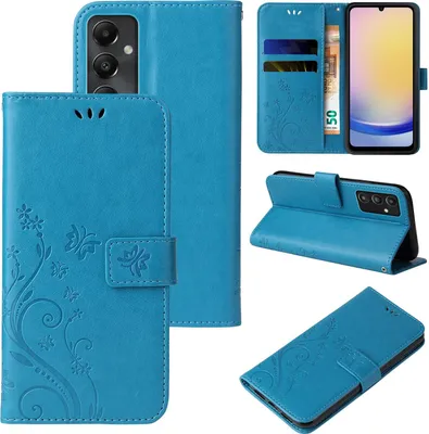A collage of images showing a blue flip phone case with floral and butterfly designs from multiple angles.