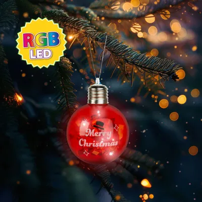 Produktbild von Weihnachts-LED-Kugel - RGB-Farbwechsel-LED - Transparent - Kunststoff - Ø 8 cm - Mit Glitzereffekt - Mit Aufhängeband - Mit Batterien (3× LR44 enthalten) - 1 Stück [59747A].