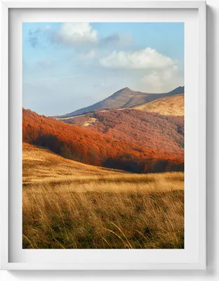 Produktbild von Berglandschaft im Herbst– Wandbild mit Rahmen – Gerahmtes Bild  – Wanddekoration – 60x80 cm –  Weiß Rahmen