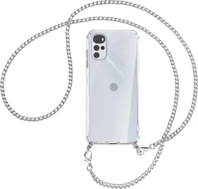 Produktbild von Handykette Backcover-Schutzhülle mit Band (Metall silberfarben) für Motorola Moto G22 4G - silberfarbene Kette