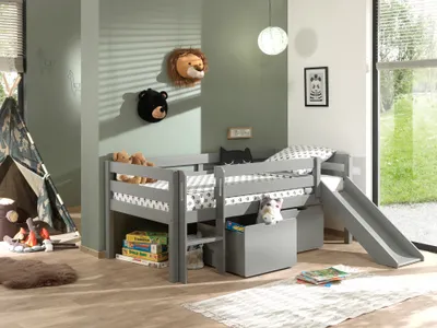 Produktbild von VIPACK Kojen-Spielbett mit Liegefläche 90 x 200 cm, inkl. Leiter, Rutsche, Rolllattenrost und 2 Schubkästen, Kiefer und MDF grau lackiert